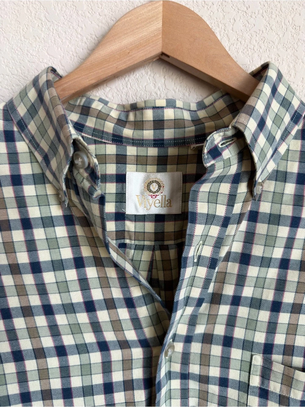 Viyella Vintage Cotton Wool Plaid Button Down Shirt Size L Green Brown Mens - Picture 5 of 13